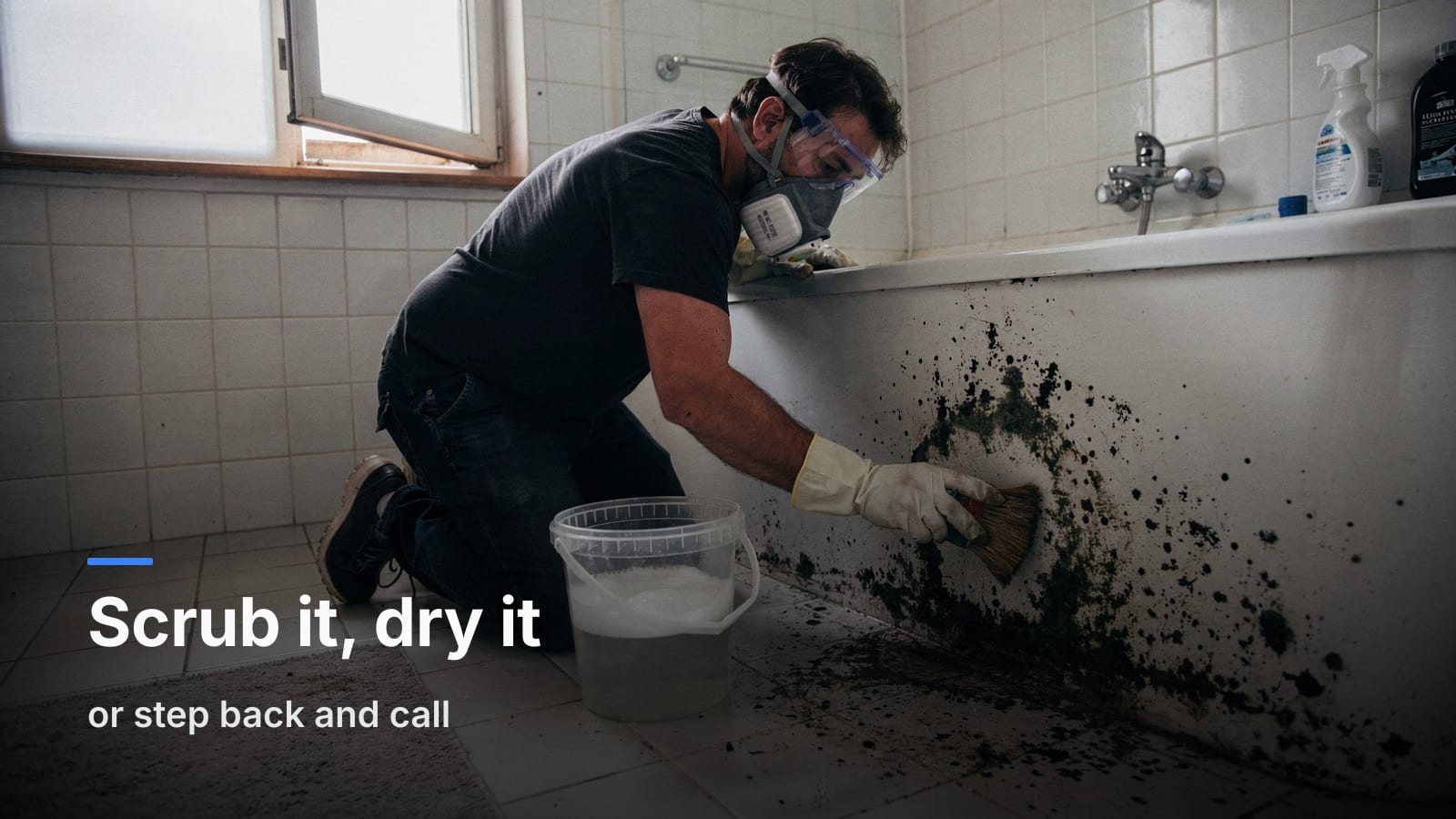Person in N95 mask and gloves scrubbing mold from bathroom tile grout with a brush and bucket of soapy water.
