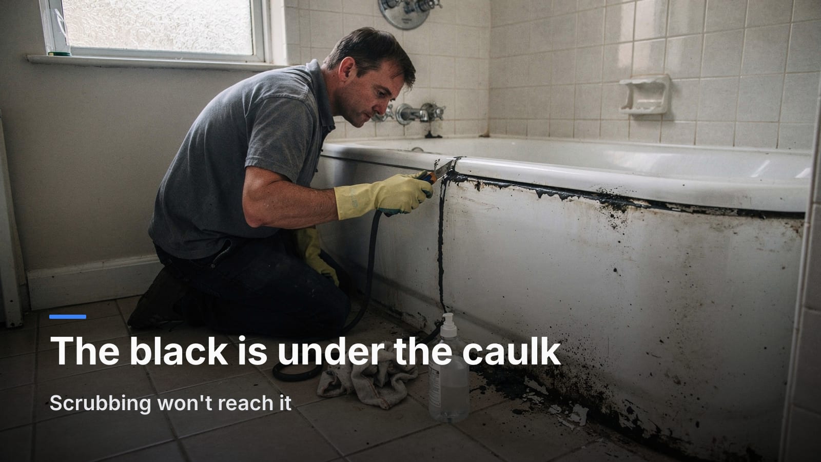 Gloved hands cutting blackened old caulk from the joint between a bathtub and tile wall with a utility knife.