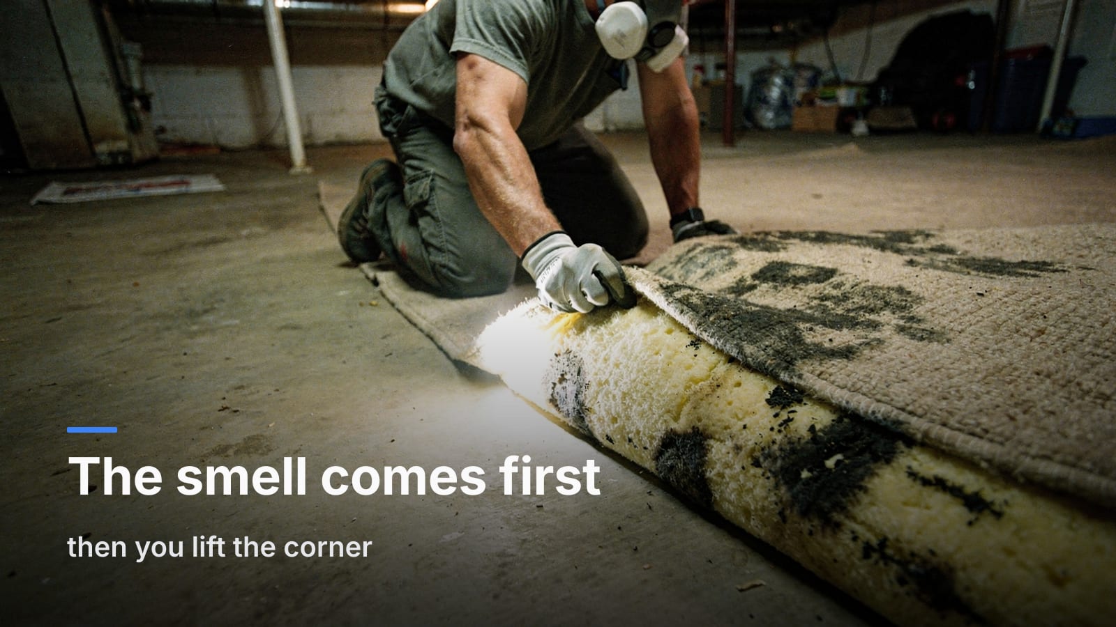 Gloved homeowner lifting a corner of basement carpet, exposing dark mold staining on the foam padding below.